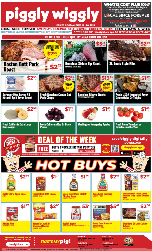 Piggly Wiggly grocery ad for August 14-20, 2024, featuring various meat cuts, produce, and hot deals.